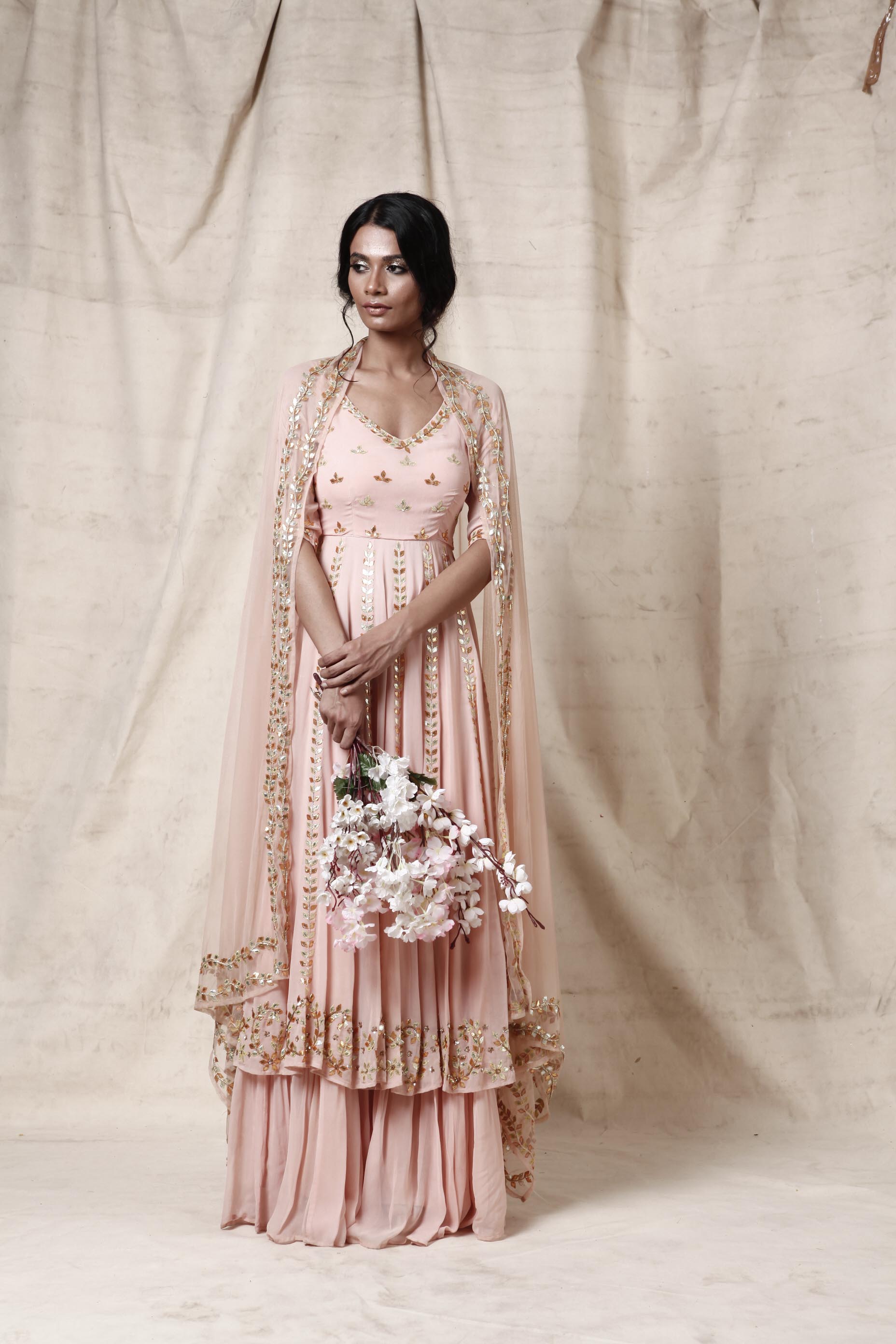Ombre Blush to Brick Pink Gold Anarkali Gown Set with Hand-Embroidered  Bodice - Seasons India